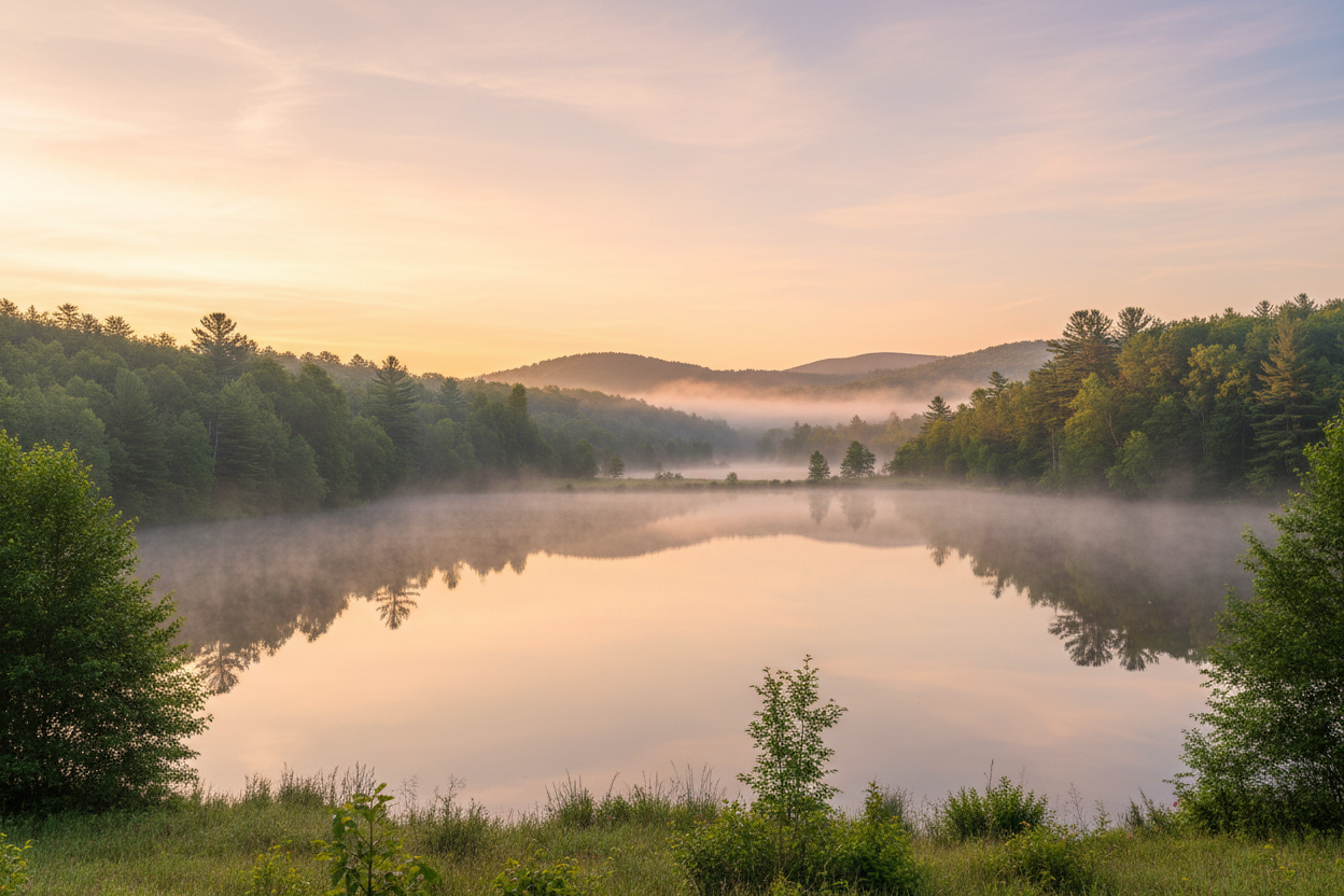 Peaceful image of a lake surrounded by trees.